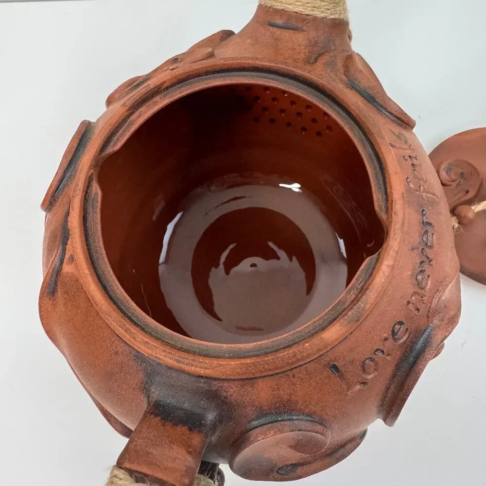 Doladu LOVE NEVER FAILS Brown Teapot Ceramic Rustic Pottery Handcrafted with Lid